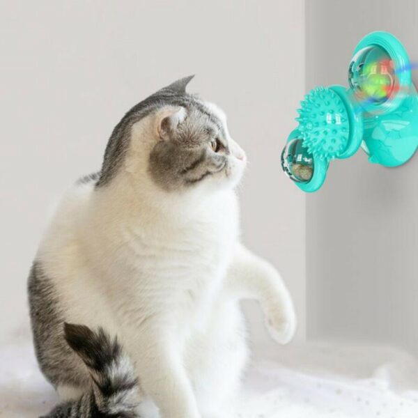 New Windmill Cat Toys Cute Rotating Interactive Cat Toy - Indoor Windmill Cat Toy With Suction Cup Catnip & Jagged Teeth Middle Ball, Smart Kitten Rotating Spinner Exercise Toy, Toothbrush & Massager - Image 2