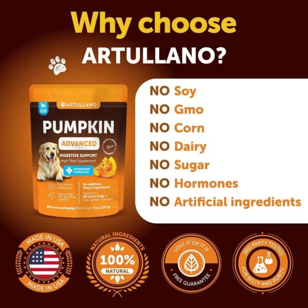 Artullano Pumpkin Powder For Dogs Digestive Support 8 OZ Fiber Supplement For Constipation For Gut Balance Healthy Skin Digestion Glands Firm Stool Poop Anti Diarrhea Gas Relief - Image 6