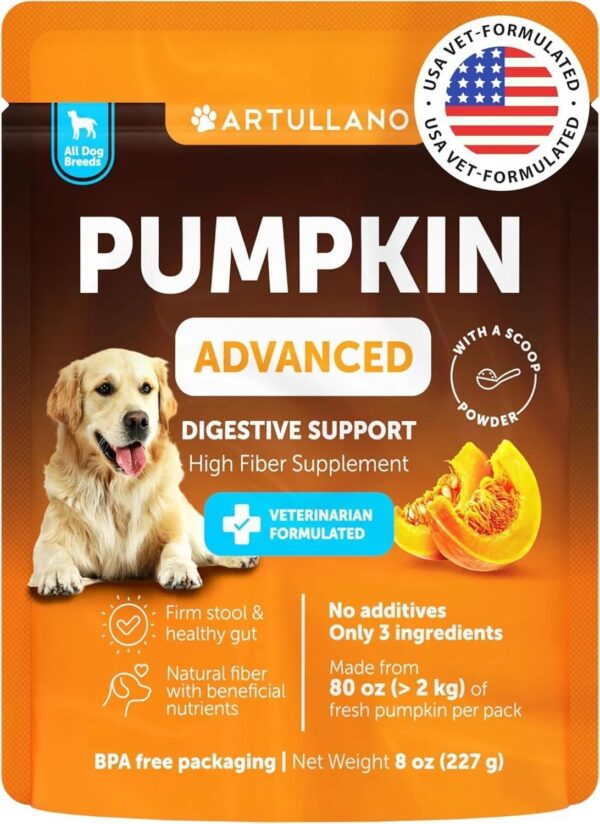 Artullano Pumpkin Powder For Dogs Digestive Support 8 OZ Fiber Supplement For Constipation For Gut Balance Healthy Skin Digestion Glands Firm Stool Poop Anti Diarrhea Gas Relief
